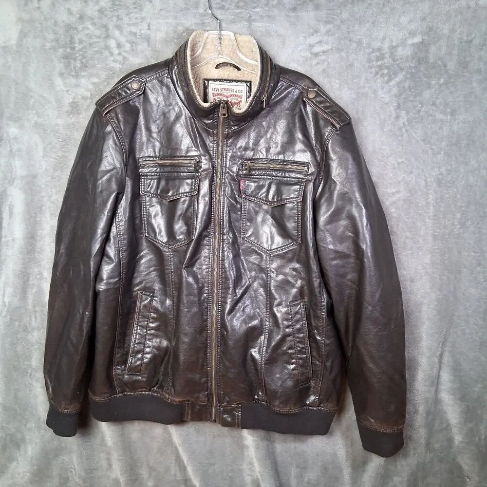 Levis Faux Leather Aviator Bomber Jacket Sherpa Lined‎ Mens 2xl Brown Utility